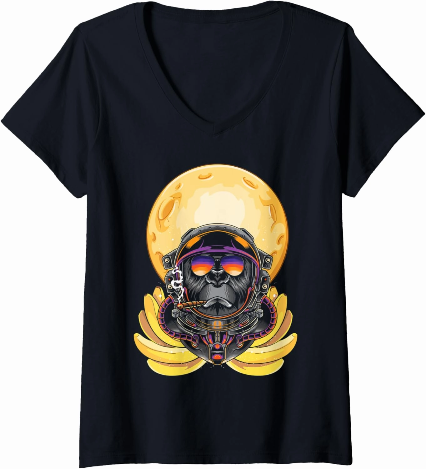 Womens Moon Banana Space Science Smoking Monkey Ape Astronaut V-Neck T-Shirt