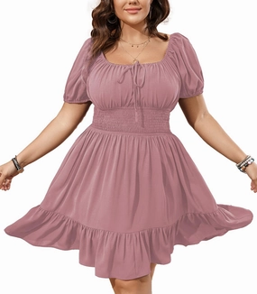 Womens Plus Size Short Lantern Sleeve Scoop Neck Mini Dress Elastic High Waist Summer Dresses Ruffle Wedding Guest Dress