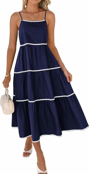 Womens Spaghetti Straps Long Dress Sleeveless Dress Casual Flowy Lace Layered A-Line Pocket Side Zip Dress