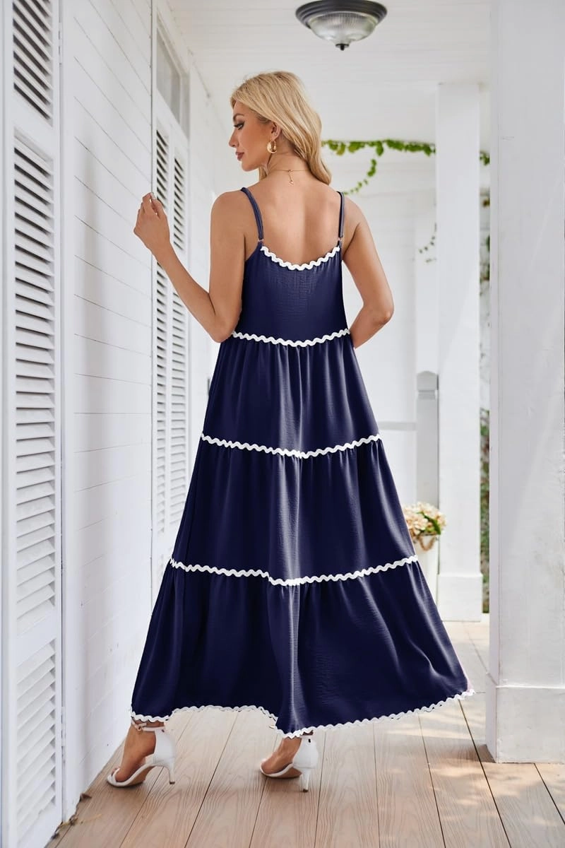 Womens Spaghetti Straps Long Dress Sleeveless Dress Casual Flowy Lace Layered A-Line Pocket Side Zip Dress