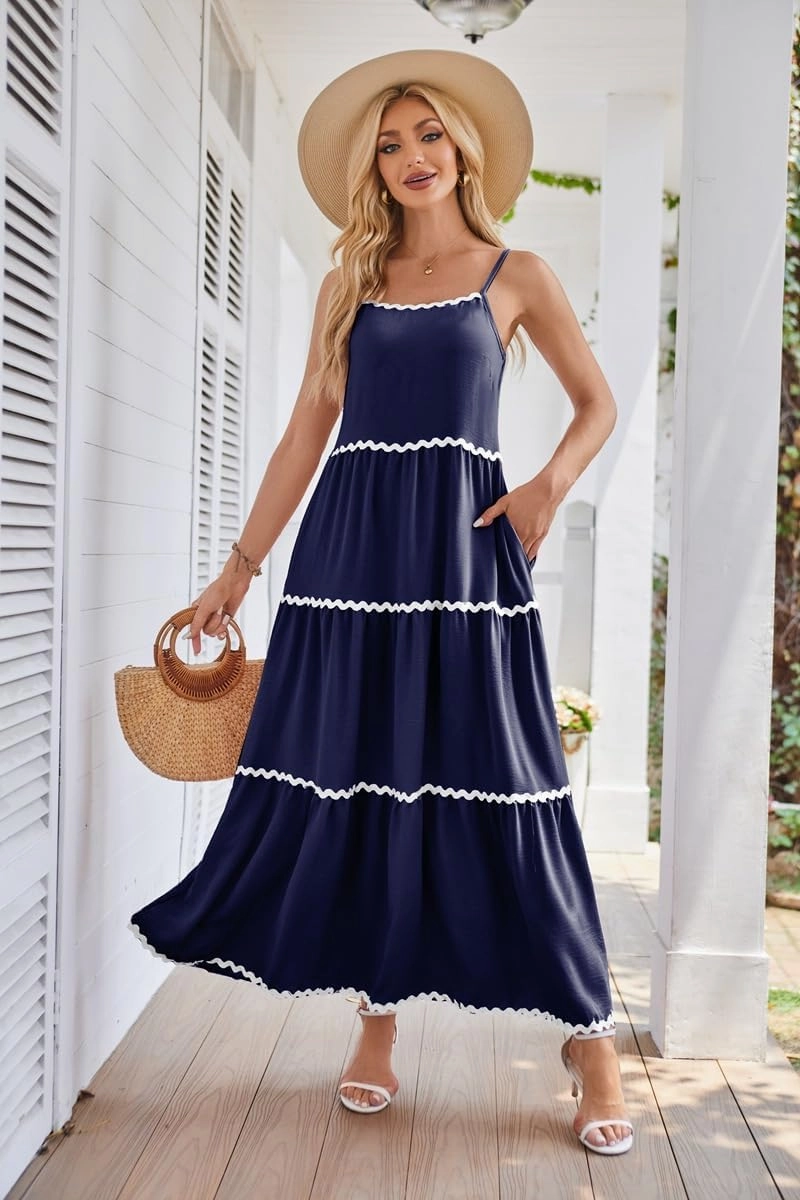 Womens Spaghetti Straps Long Dress Sleeveless Dress Casual Flowy Lace Layered A-Line Pocket Side Zip Dress