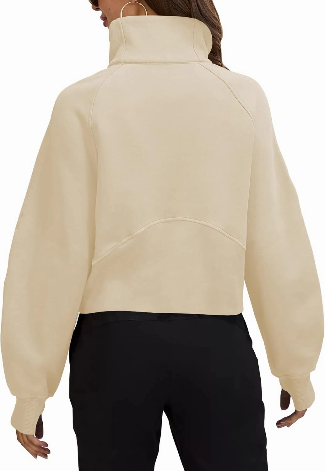 Womens Sweatshirts Half Zipper Crop Pullover Funnel Neck Fleece Lined Zip Up Long Sleeve Tops Thumb Hole