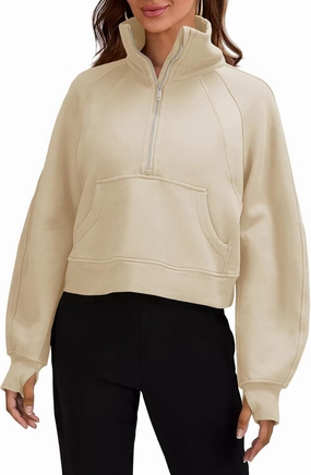 Womens Sweatshirts Half Zipper Crop Pullover Funnel Neck Fleece Lined Zip Up Long Sleeve Tops Thumb Hole