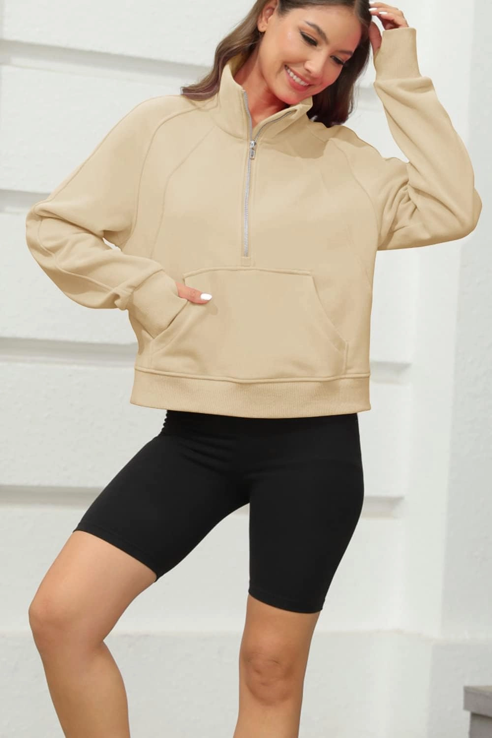 Womens Sweatshirts Half Zipper Crop Pullover Funnel Neck Fleece Lined Zip Up Long Sleeve Tops Thumb Hole