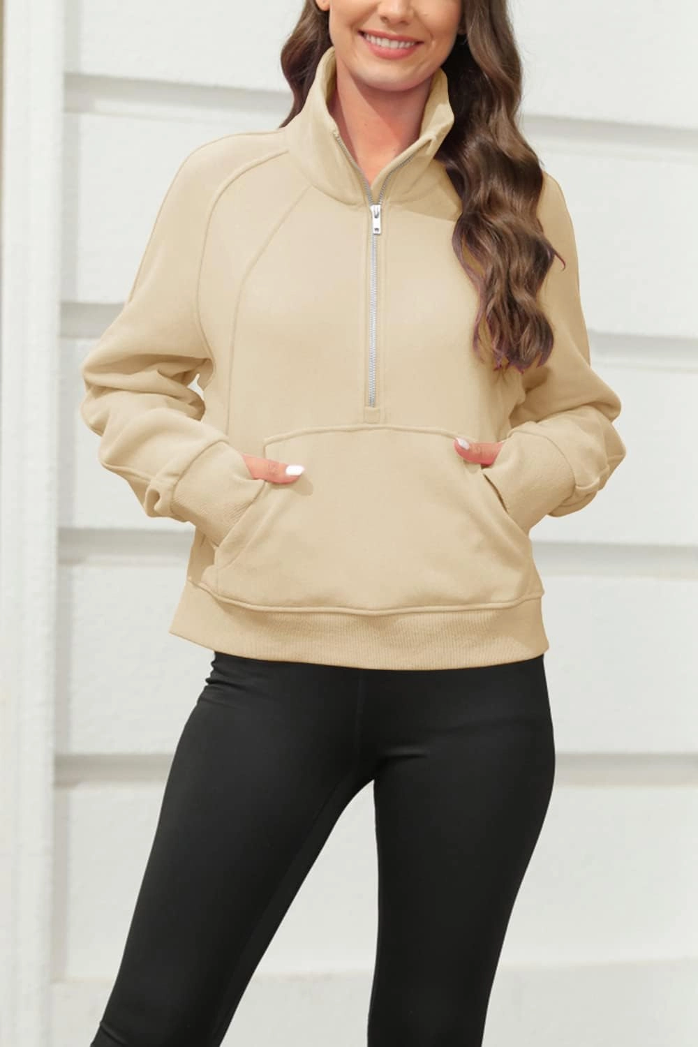 Womens Sweatshirts Half Zipper Crop Pullover Funnel Neck Fleece Lined Zip Up Long Sleeve Tops Thumb Hole