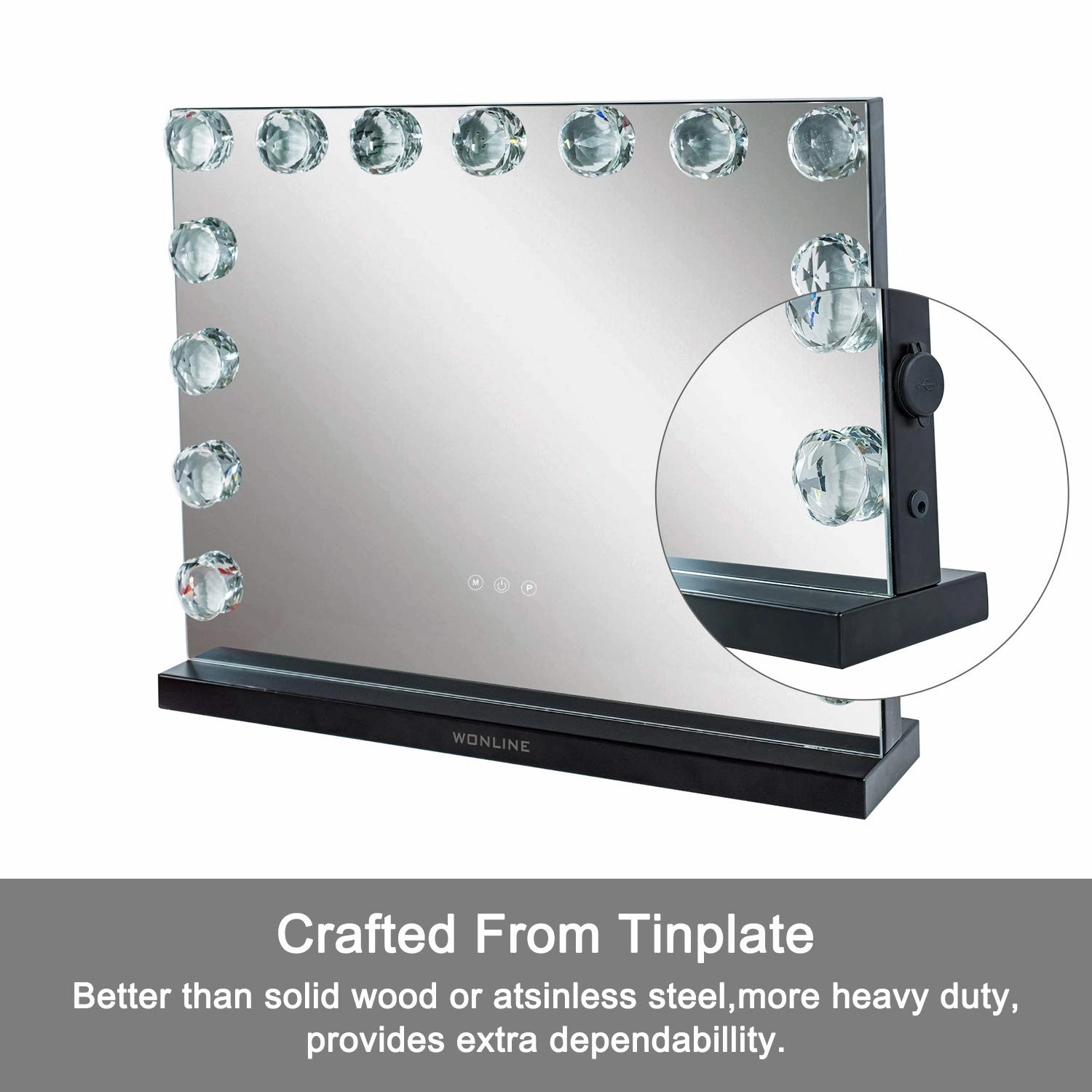 wonline Makeup Lighted Vanity Mirror with 15pcs Lights Smart Touch Control Dimmable LED Bulbs Hollywood Style Tabletop or Wall Mounted Cosmetic Beauty Mirror USB Charging Port