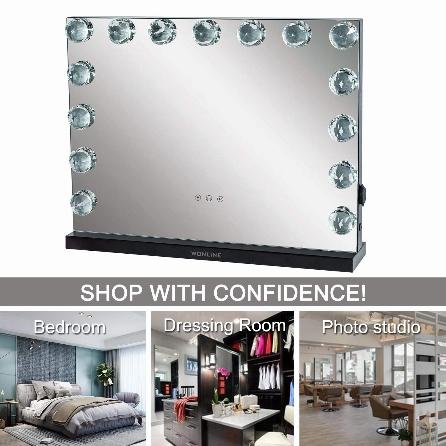 wonline Makeup Lighted Vanity Mirror with 15pcs Lights Smart Touch Control Dimmable LED Bulbs Hollywood Style Tabletop or Wall Mounted Cosmetic Beauty Mirror USB Charging Port