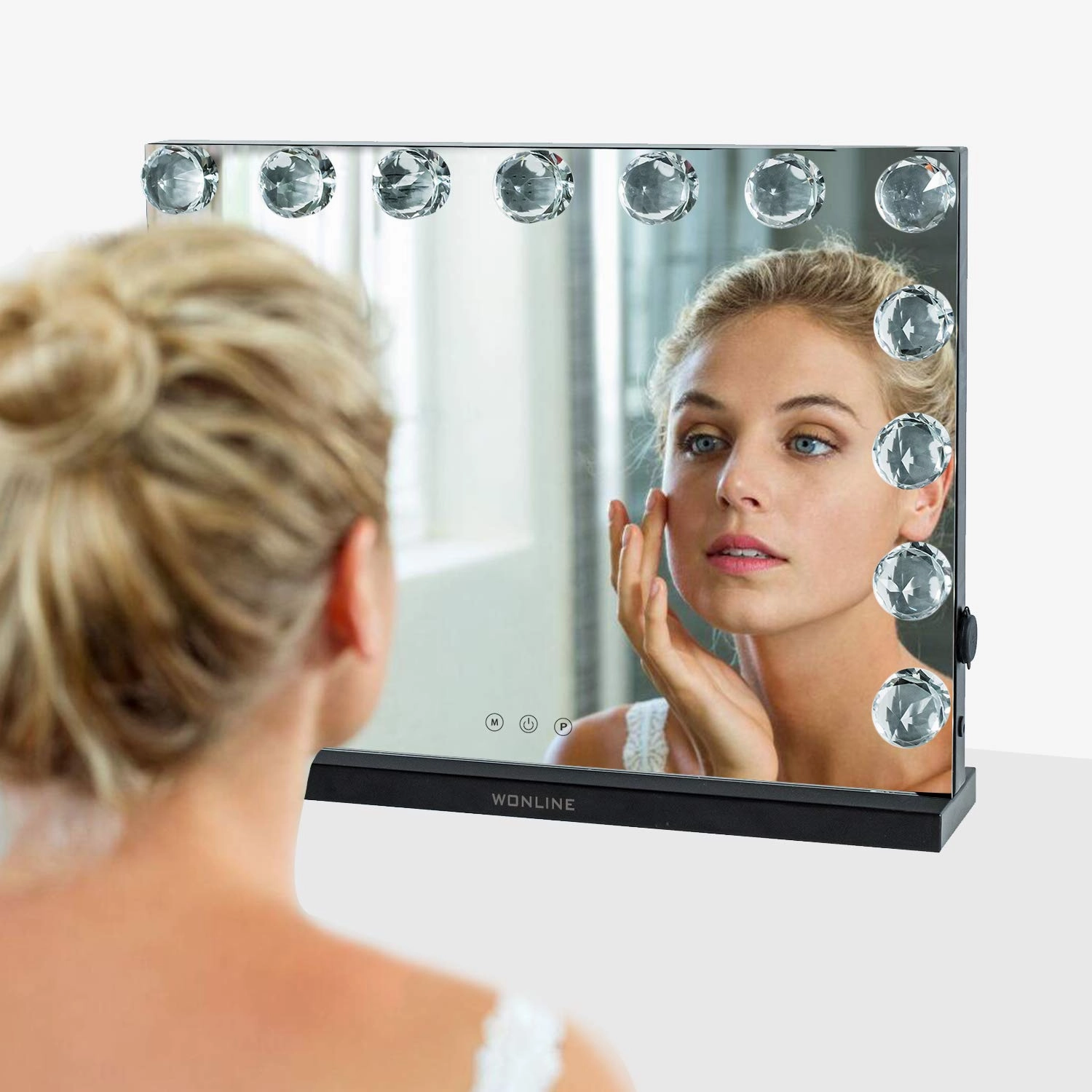 wonline Makeup Lighted Vanity Mirror with 15pcs Lights Smart Touch Control Dimmable LED Bulbs Hollywood Style Tabletop or Wall Mounted Cosmetic Beauty Mirror USB Charging Port