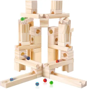 Wooden Marble Run STEM Learning Toys for Kids 4-8 | 60  Expandable Building Blocks with Glass Marbles & Guide | Safe Birchwood Construction (ASTM Certified)
