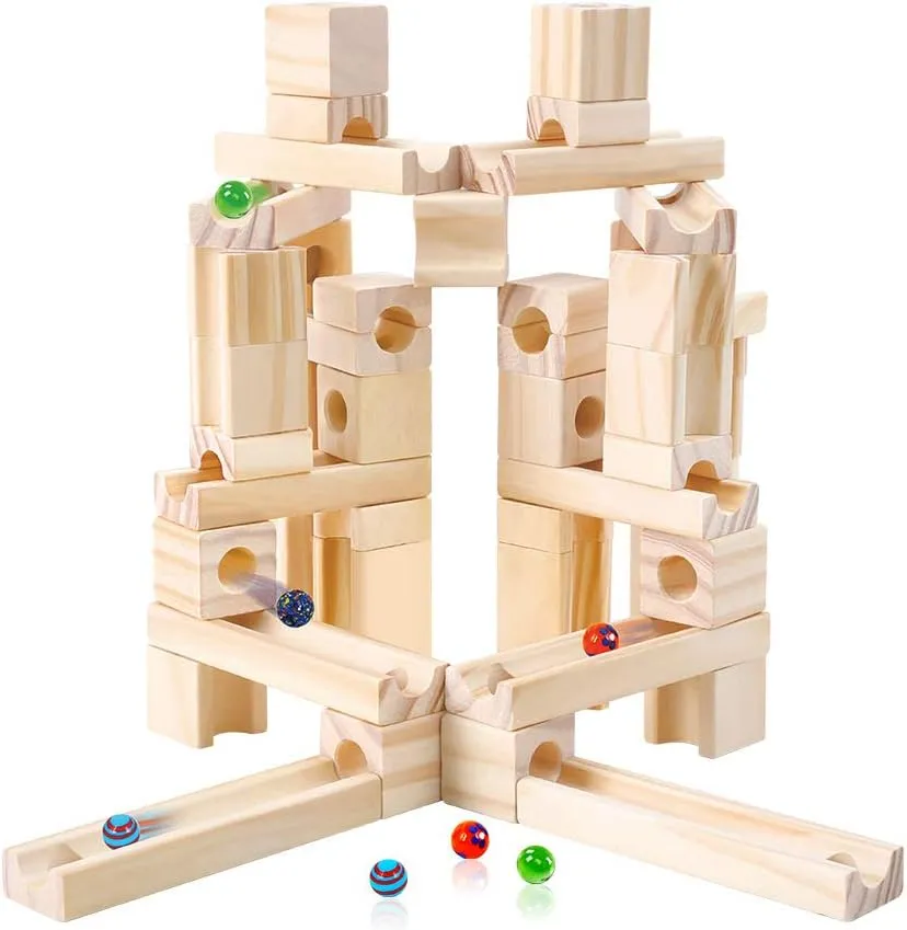 Wooden Marble Run STEM Learning Toys for Kids 4-8 | 60  Expandable Building Blocks with Glass Marbles & Guide | Safe Birchwood Construction (ASTM Certified)