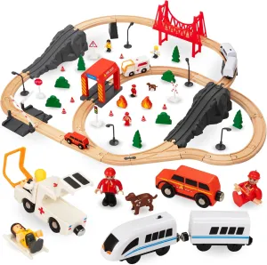 Wooden Railway Bridge Train Fire Brigade Railway Set for Children 3 , 19 Pieces, Locomotive, Track with Train and Wagons, Accessories, Development of Imagination and Development