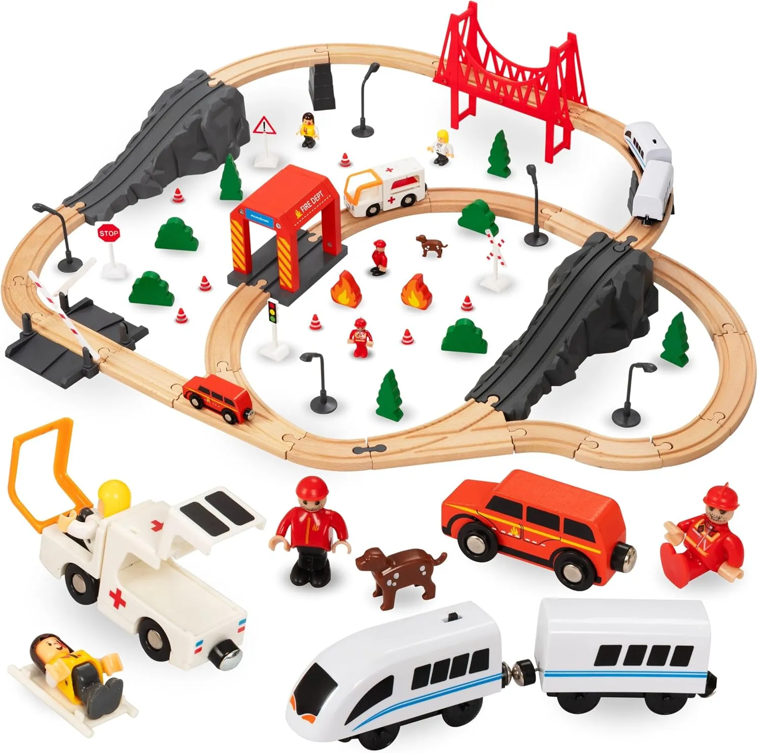 Wooden Railway Bridge Train Fire Brigade Railway Set for Children 3 , 19 Pieces, Locomotive, Track with Train and Wagons, Accessories, Development of Imagination and Development