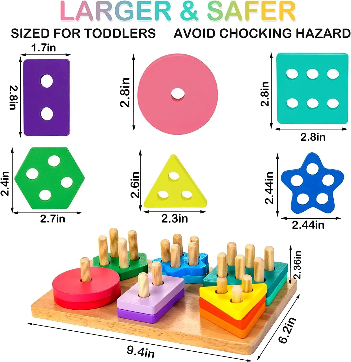 Wooden Sorting & Stacking Toys, Montessori Toys for 1 2 3 Years Old Toddlers, Shape Sorter Puzzles with 24-Piece Large Geometric Blocks & 12 Word Cards, Gift for 12  Months Baby Boys Girls