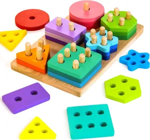 Wooden Sorting & Stacking Toys, Montessori Toys for 1 2 3 Years Old Toddlers, Shape Sorter Puzzles with 24-Piece Large Geometric Blocks & 12 Word Cards, Gift for 12  Months Baby Boys Girls