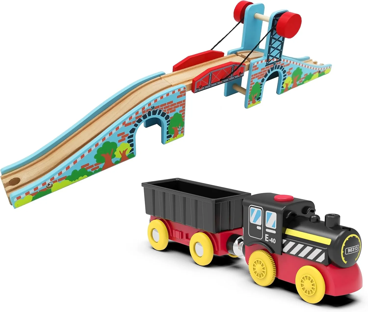 Wooden Train Accessories of Lifting Bridge and Battery Operated Locomotive Train with Magnetic Cars, Compatible with Thomas, Brio, Chuggington, Melissa & Doug