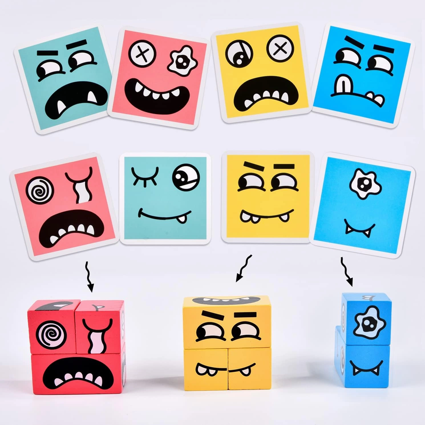 Wooden Face Changing Magic Cube Building Blocks Game Matching Expression Puzzle Toy Board Games for Family Night, Match Puzzles Geometric Educational Toys for Kids and Adults