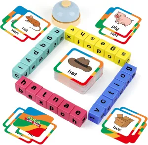 Word Race Cube - Preschool Wooden Alphabet Letter Blocks & Phonics Matching Games - CVC Word Learning Toys
