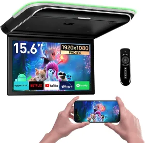XTRONS Android Car Overhead Player 15.6” Wide IPS Touch Screen 8K Video Car Roof Mount Monitor with Built-in Stereo Speakers Flip Down Overhead Car Monitor Support Bluetooth, WiFi, HDMI, USB, IR