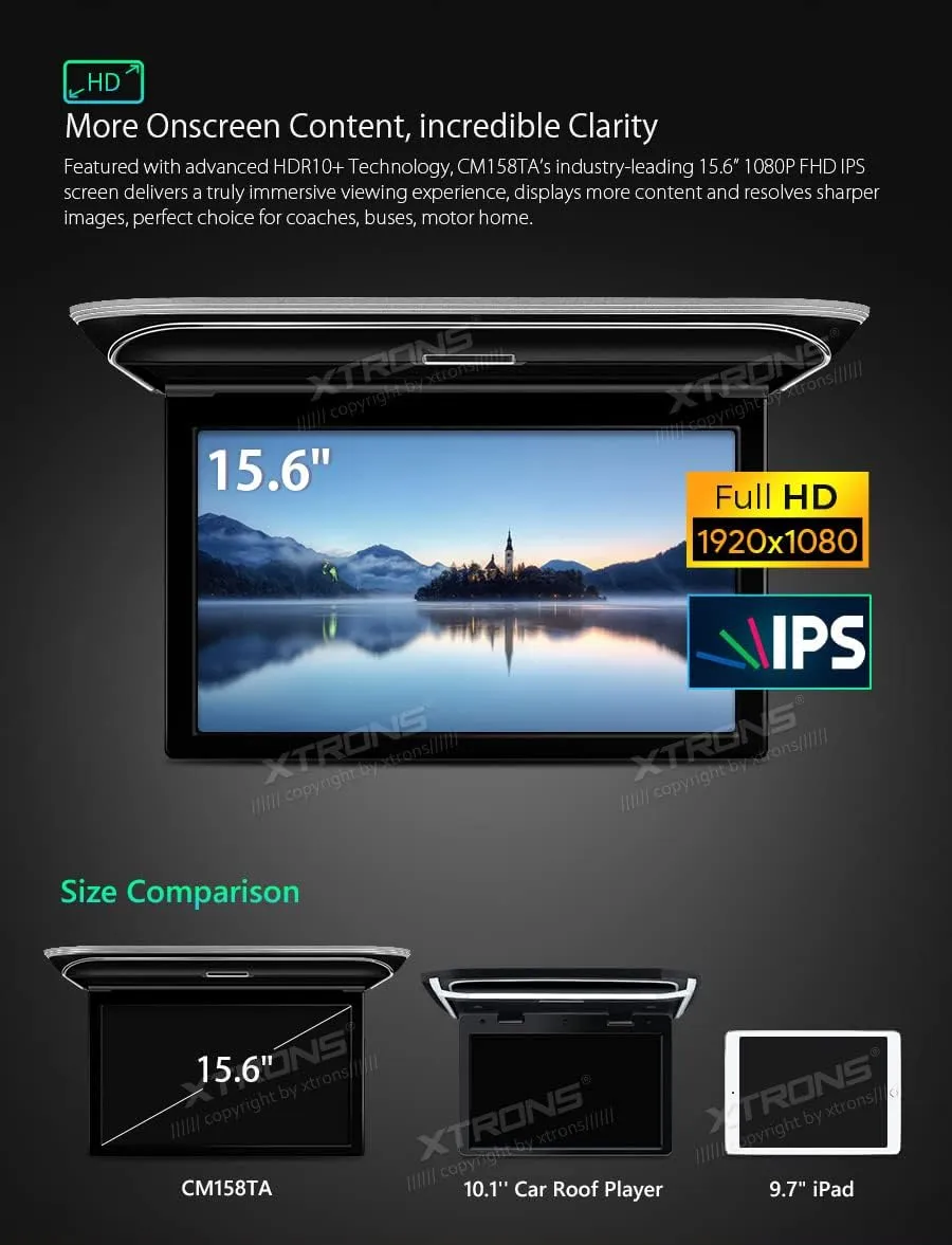 XTRONS Android Car Overhead Player 15.6” Wide IPS Touch Screen 8K Video Car Roof Mount Monitor with Built-in Stereo Speakers Flip Down Overhead Car Monitor Support Bluetooth, WiFi, HDMI, USB, IR