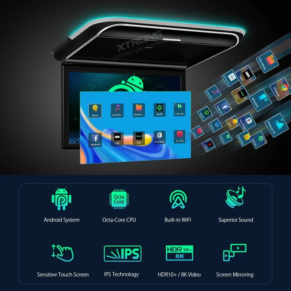 XTRONS Android Car Overhead Player 15.6” Wide IPS Touch Screen 8K Video Car Roof Mount Monitor with Built-in Stereo Speakers Flip Down Overhead Car Monitor Support Bluetooth, WiFi, HDMI, USB, IR