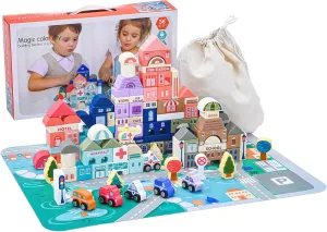 Xylolin Wooden Building Blocks Set, 115 Pieces City Construction Stacking Blocks Toys, Preschool Learning Educational Toys Boys Girls Age 3 4 5 6 Years Old