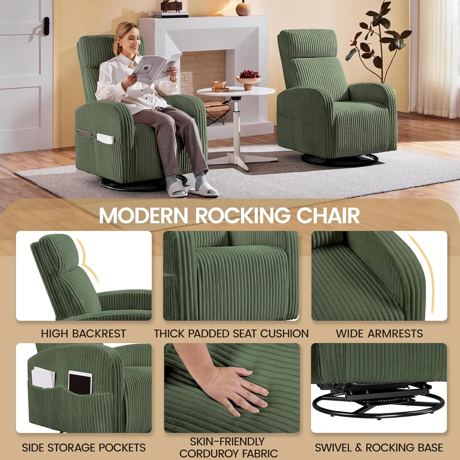 Yaheetech 360° Swivel Glider Chair for Nursery, Rocking Chair Nursing Chair with Side Pockets, Corduroy Glider for Living Room with High Back Dark Green