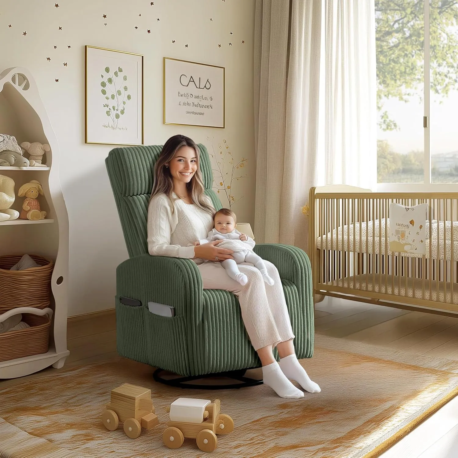 Yaheetech 360° Swivel Glider Chair for Nursery, Rocking Chair Nursing Chair with Side Pockets, Corduroy Glider for Living Room with High Back Dark Green