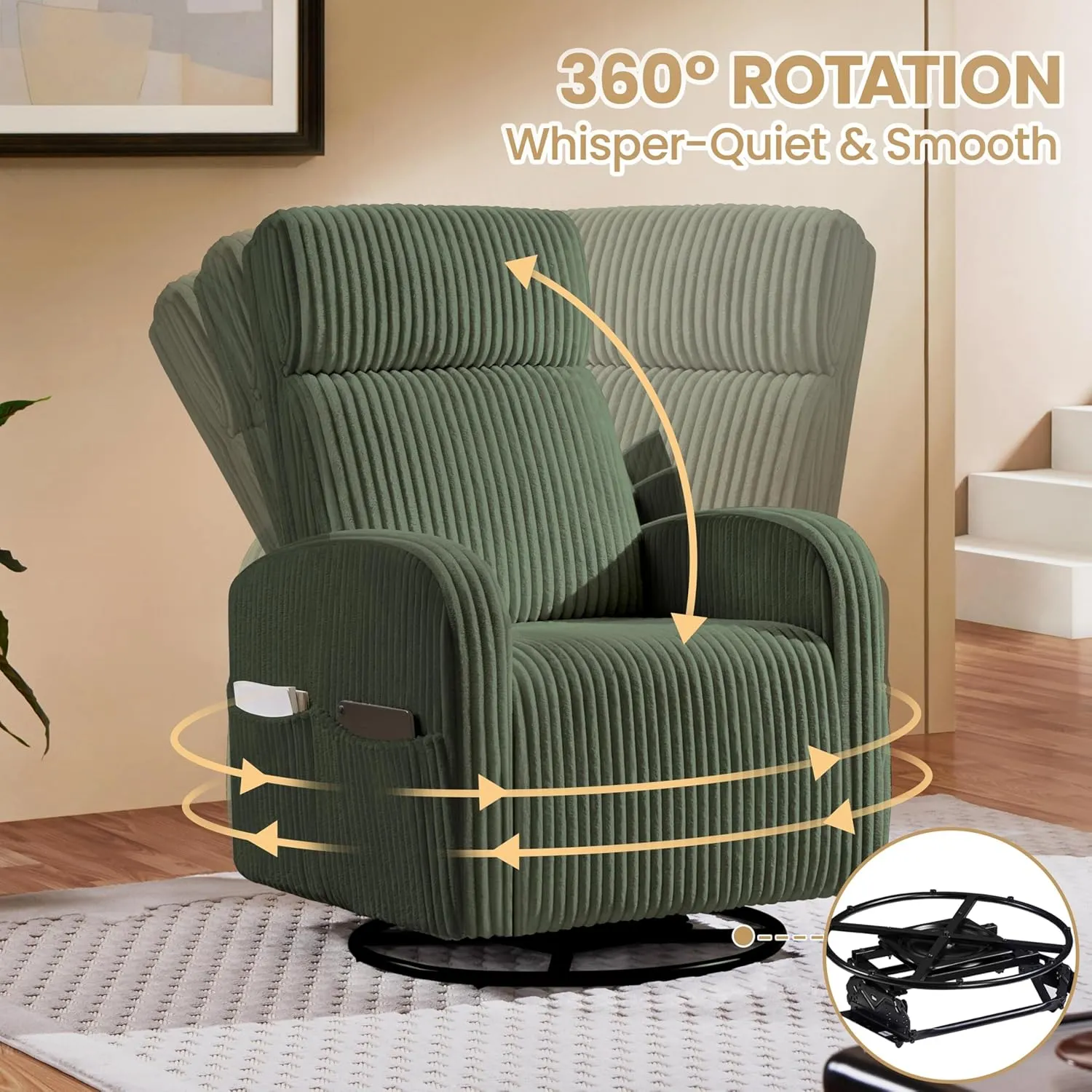 Yaheetech 360° Swivel Glider Chair for Nursery, Rocking Chair Nursing Chair with Side Pockets, Corduroy Glider for Living Room with High Back Dark Green