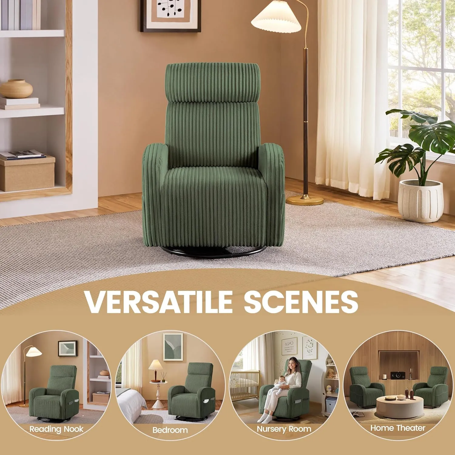 Yaheetech 360° Swivel Glider Chair for Nursery, Rocking Chair Nursing Chair with Side Pockets, Corduroy Glider for Living Room with High Back Dark Green