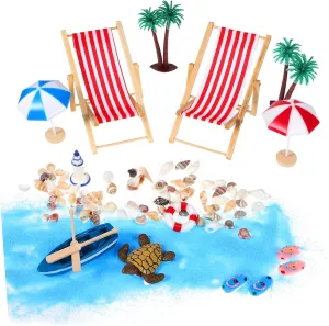 YARNOW 1Set Miniature Beach Micro Beach Style Decor with Lounge Chairs Umbrellas Seashells and Trees for Dollhouse Desktop Decoration and Creative Play