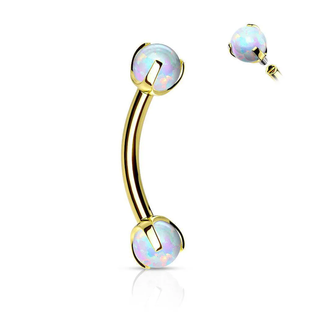 Yellow Gold Curved Barbell with Claw Set Opals
