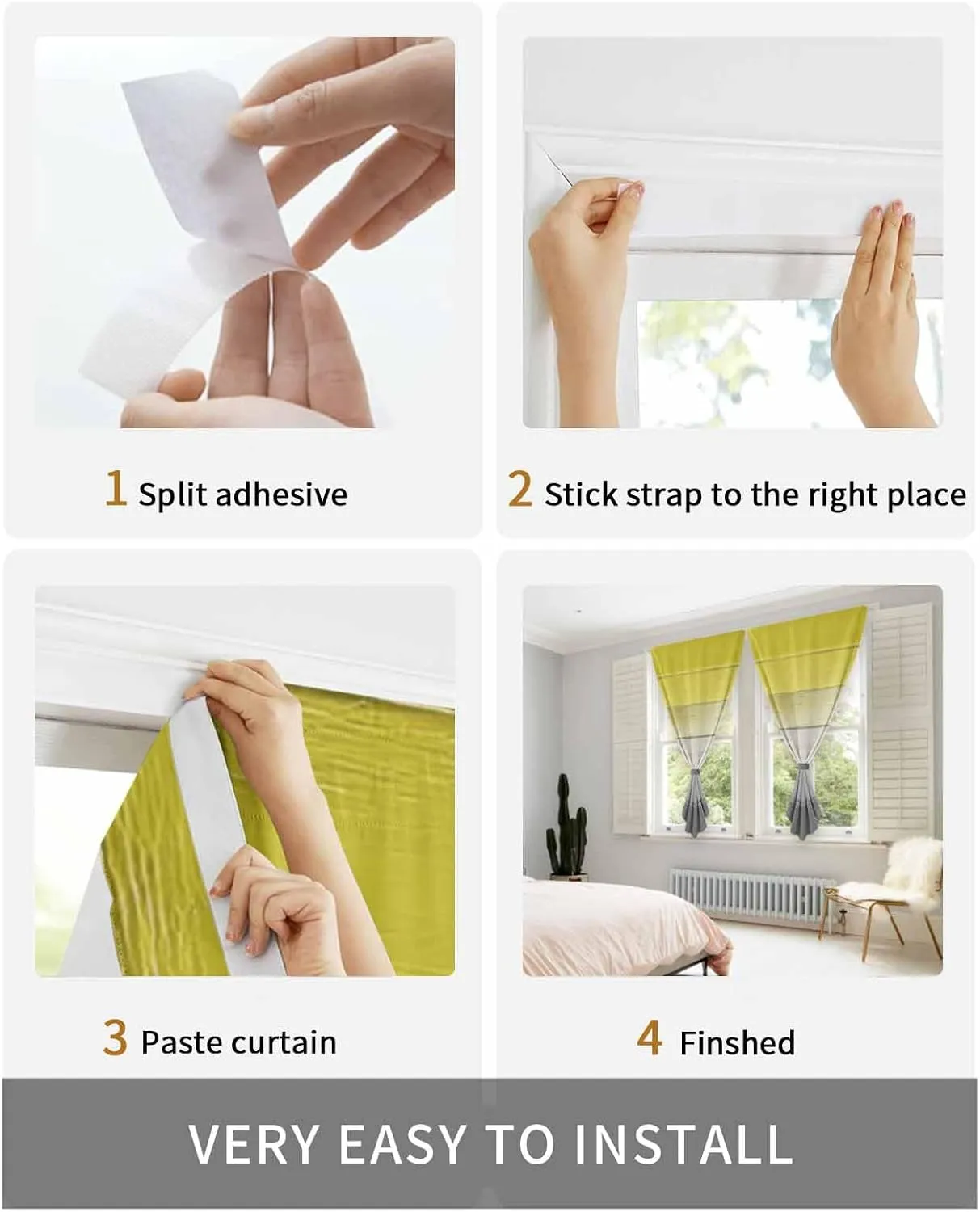 Yellow Gray Self Adhesive Blackout Curtains with Tiebacks,Portable Rod Pocket Living Room Darkening Curtains,Country Vintage Abstract Gradient Wooden Thermal Insulated Windows Cover,52Wx63H