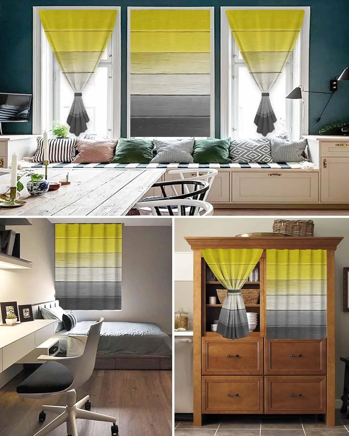 Yellow Gray Self Adhesive Blackout Curtains with Tiebacks,Portable Rod Pocket Living Room Darkening Curtains,Country Vintage Abstract Gradient Wooden Thermal Insulated Windows Cover,52Wx63H