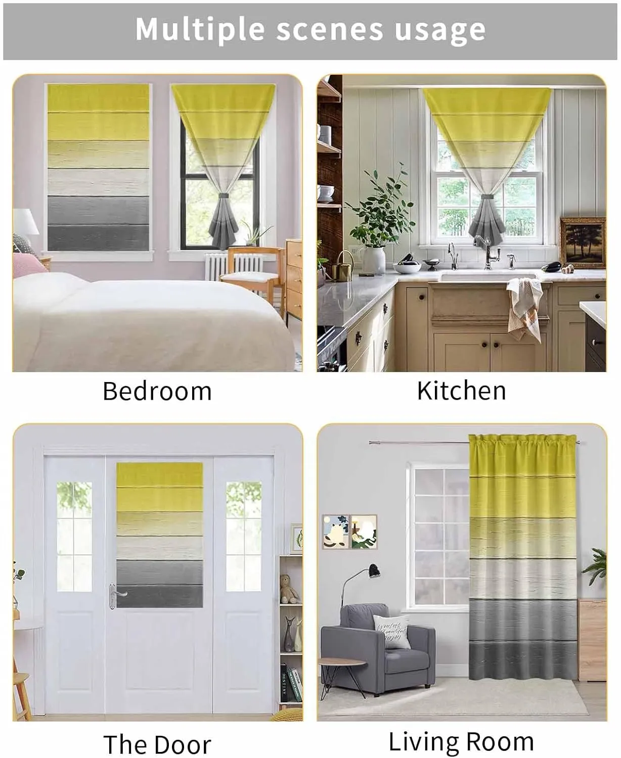 Yellow Gray Self Adhesive Blackout Curtains with Tiebacks,Portable Rod Pocket Living Room Darkening Curtains,Country Vintage Abstract Gradient Wooden Thermal Insulated Windows Cover,52Wx63H