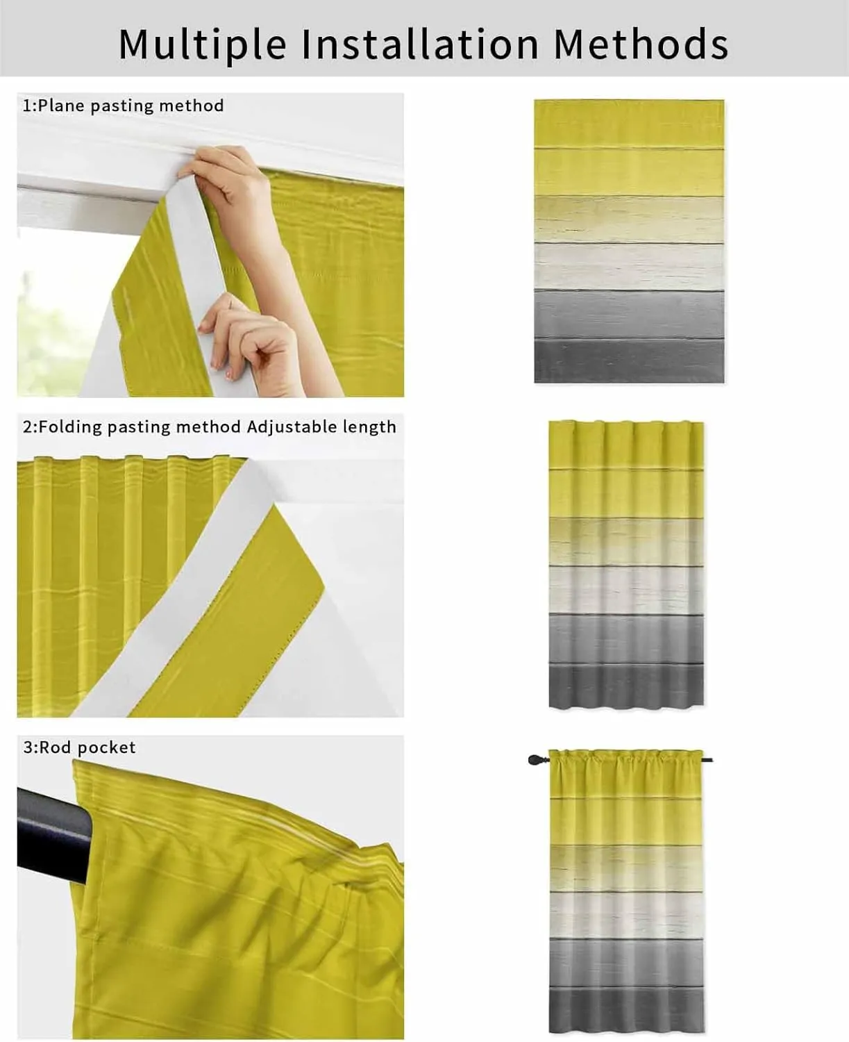 Yellow Gray Self Adhesive Blackout Curtains with Tiebacks,Portable Rod Pocket Living Room Darkening Curtains,Country Vintage Abstract Gradient Wooden Thermal Insulated Windows Cover,52Wx63H