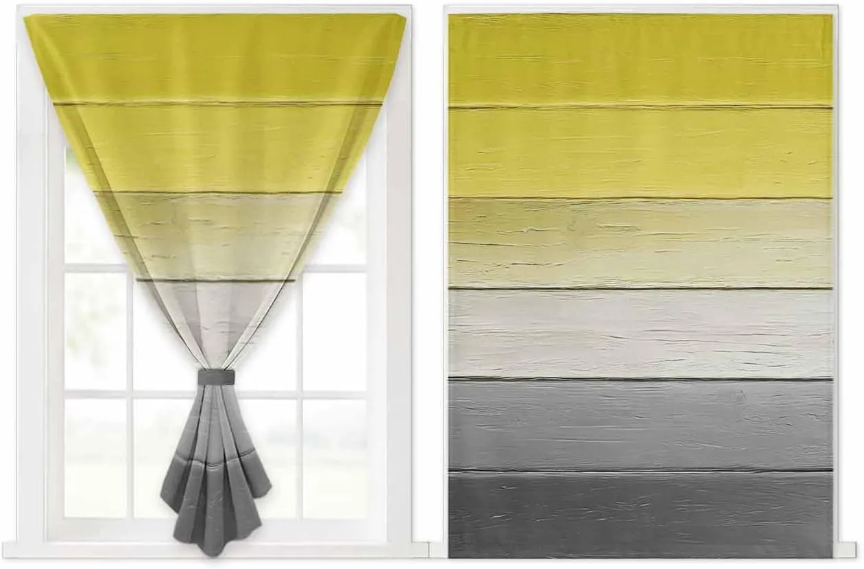Yellow Gray Self Adhesive Blackout Curtains with Tiebacks,Portable Rod Pocket Living Room Darkening Curtains,Country Vintage Abstract Gradient Wooden Thermal Insulated Windows Cover,52Wx63H