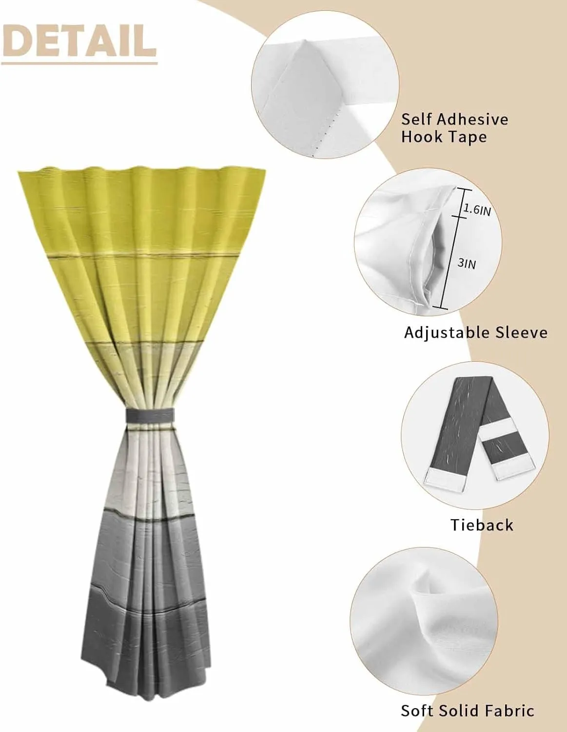 Yellow Gray Self Adhesive Blackout Curtains with Tiebacks,Portable Rod Pocket Living Room Darkening Curtains,Country Vintage Abstract Gradient Wooden Thermal Insulated Windows Cover,52Wx63H