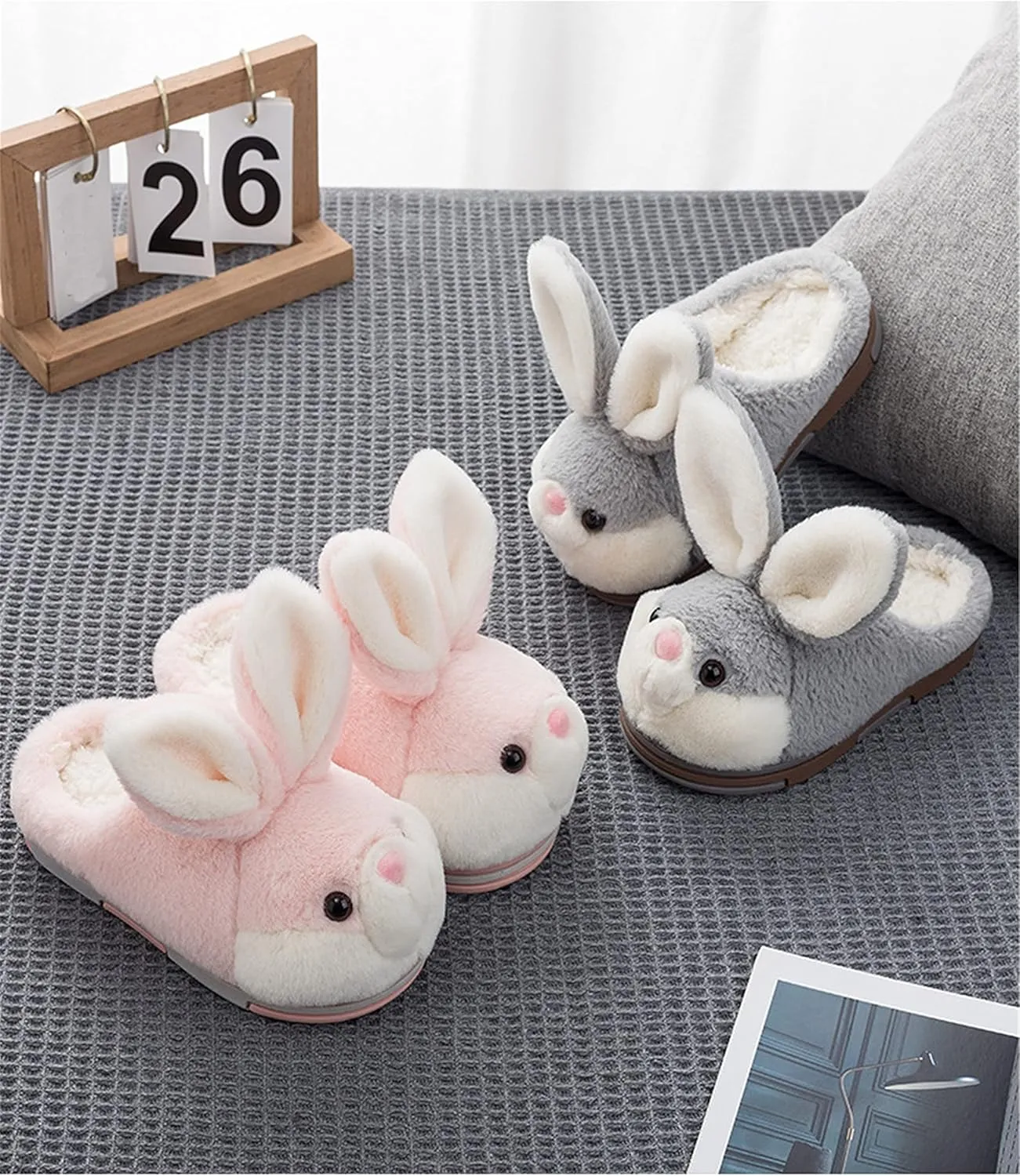 YILANLAN Women's Cute Bunny Animals Slippers Interesting Comfortable Furry Slippers Soft Plush Winter season Keep warm Home Slippers