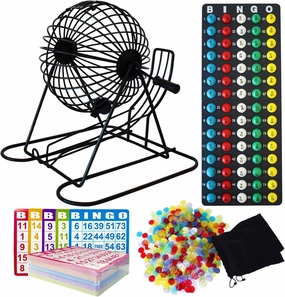 Yuanhe Jumbo Bingo Game Set - 11" Metal Round Cage, 75 Colored Balls, 100 Bingo Cards, 500 Mixed Chips and Master Board for Large Groups, Parties