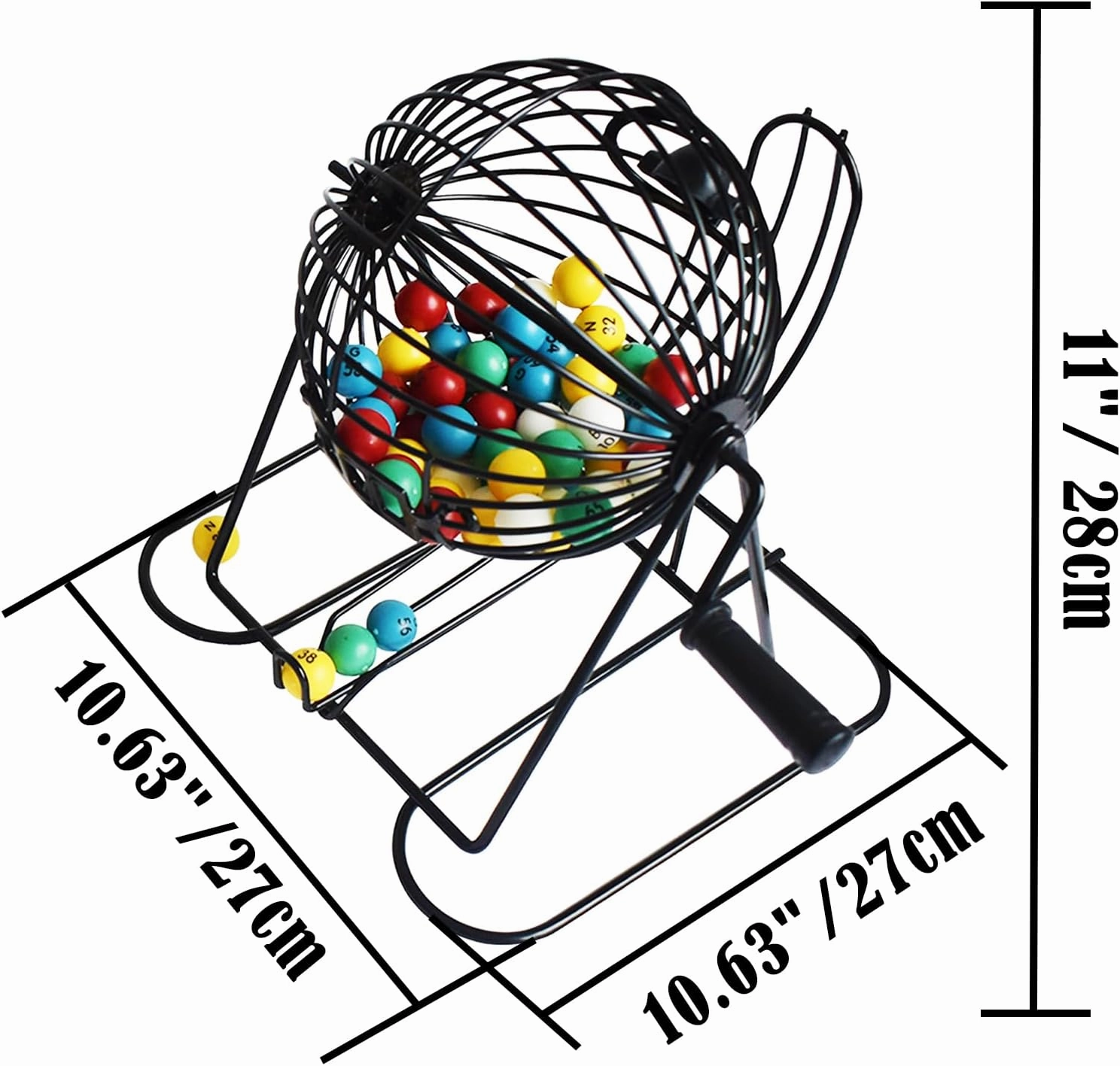 Yuanhe Jumbo Bingo Game Set - 11" Metal Round Cage, 75 Colored Balls, 100 Bingo Cards, 500 Mixed Chips and Master Board for Large Groups, Parties