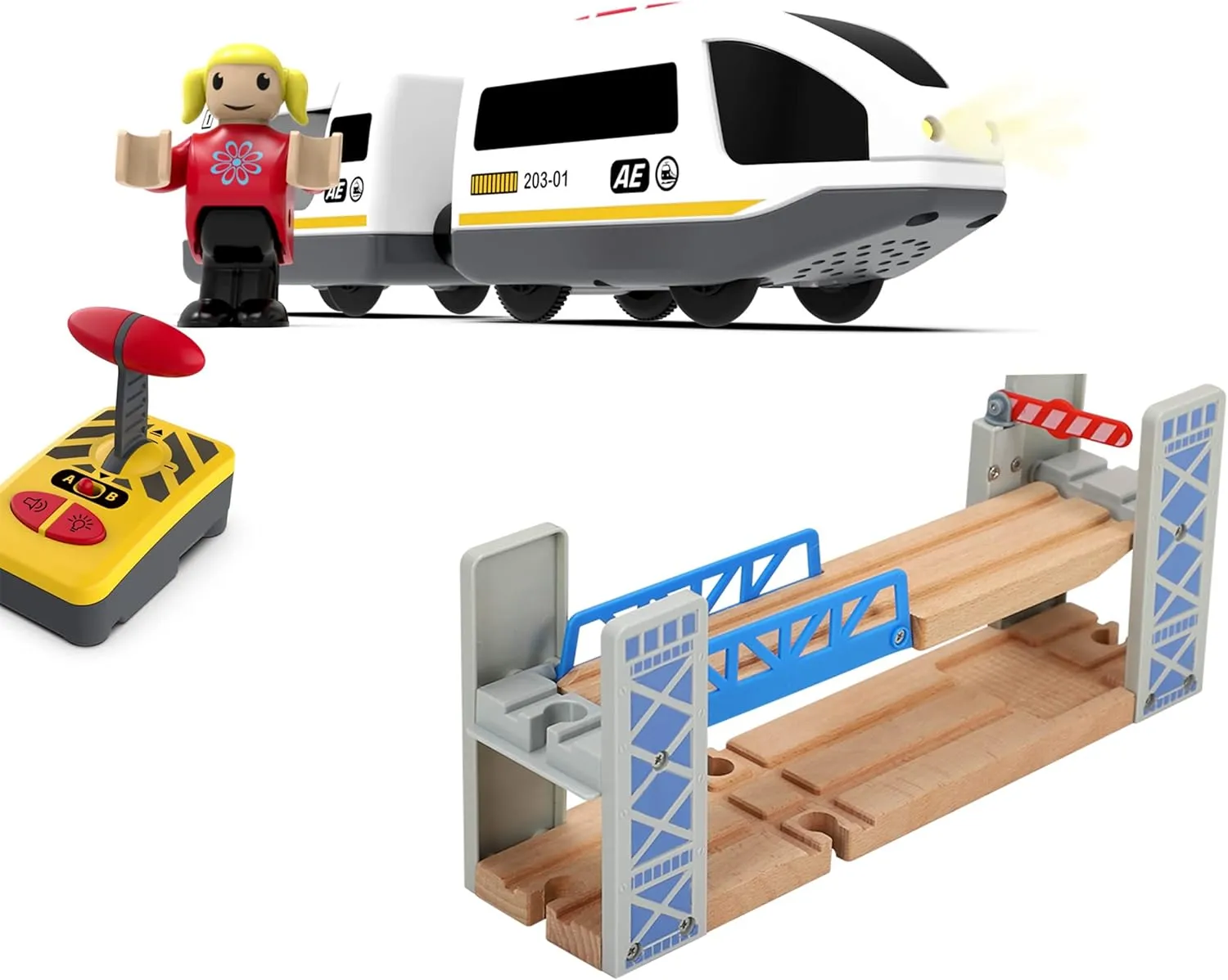 Z MAYABBO Wooden Train Accessories Battery Operated Train and Wood Railway Bridge for Track Set for Toddlers Ages 3 and Up