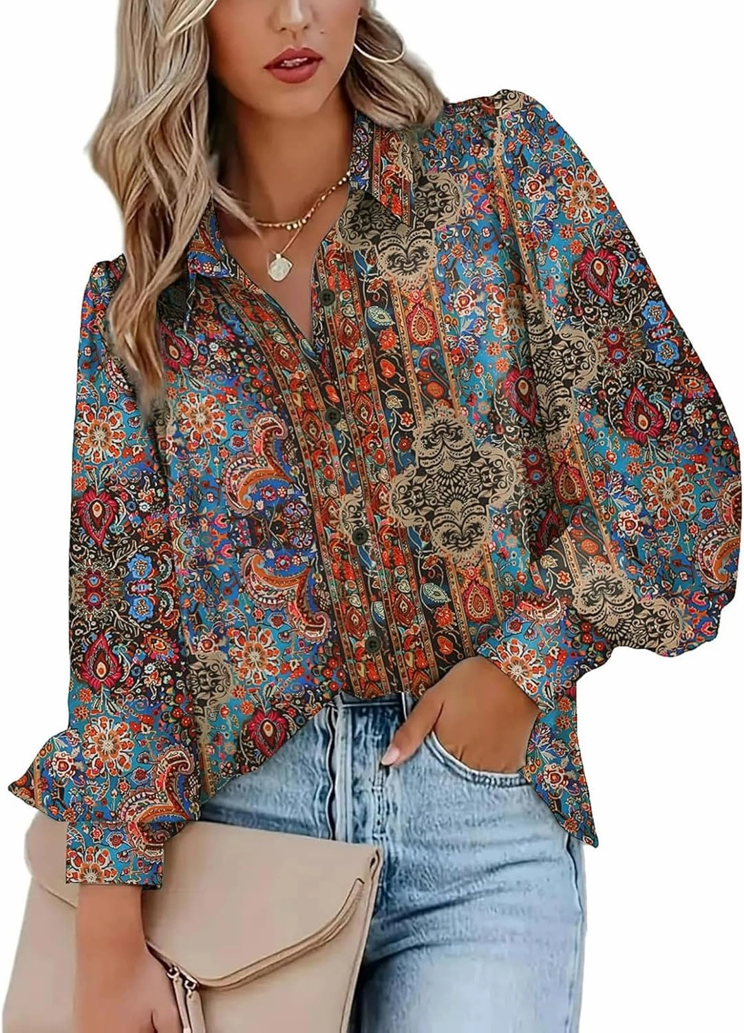 Zeagoo Womens Shirts Button Down Printed Lantern Long Sleeve Blouse Fashion Casual Tops 2025