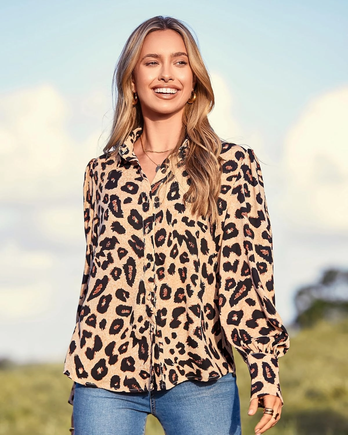 Zeagoo Womens Shirts Button Down Printed Lantern Long Sleeve Blouse Fashion Casual Tops 2025