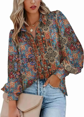 Zeagoo Womens Shirts Button Down Printed Lantern Long Sleeve Blouse Fashion Casual Tops 2025