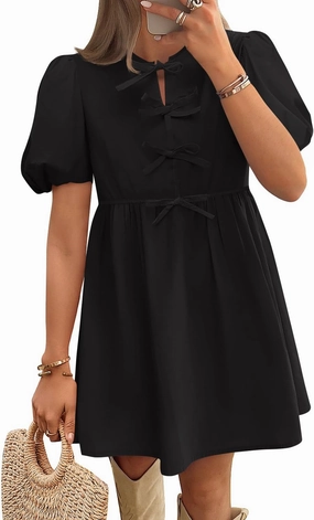 ZESICA Women's Summer Short Sleeve Tie Front Mini Dress Cute Babydoll Ruffle Pleated A Line Tunic Dresses