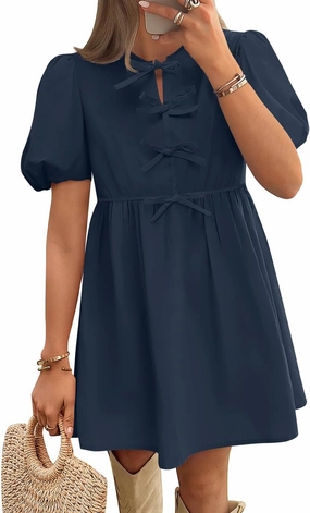 ZESICA Women's Summer Short Sleeve Tie Front Mini Dress Cute Babydoll Ruffle Pleated A Line Tunic Dresses