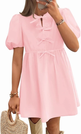 ZESICA Women's Summer Short Sleeve Tie Front Mini Dress Cute Babydoll Ruffle Pleated A Line Tunic Dresses