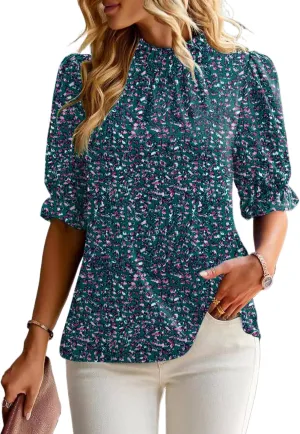 ZILIN Women's Summer Boho Floral Shirt Top Ruffle Mock Neck Puff Short Sleeve 2024 Casual Blouses