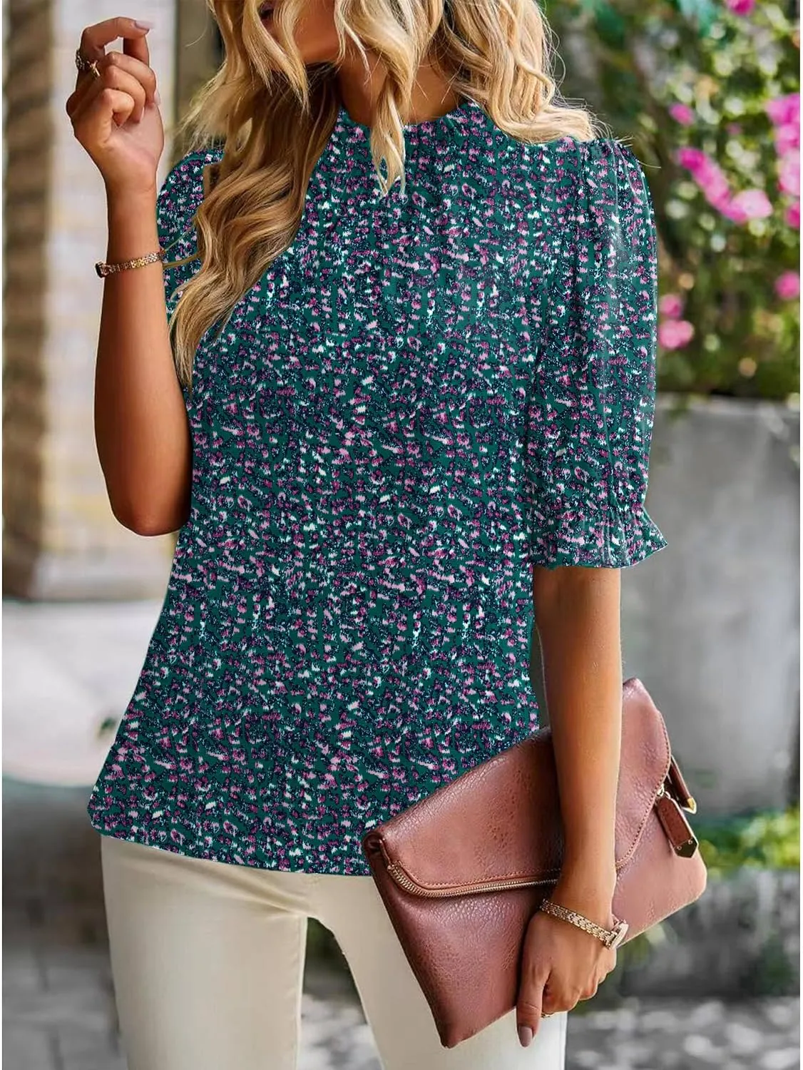 ZILIN Women's Summer Boho Floral Shirt Top Ruffle Mock Neck Puff Short Sleeve 2024 Casual Blouses