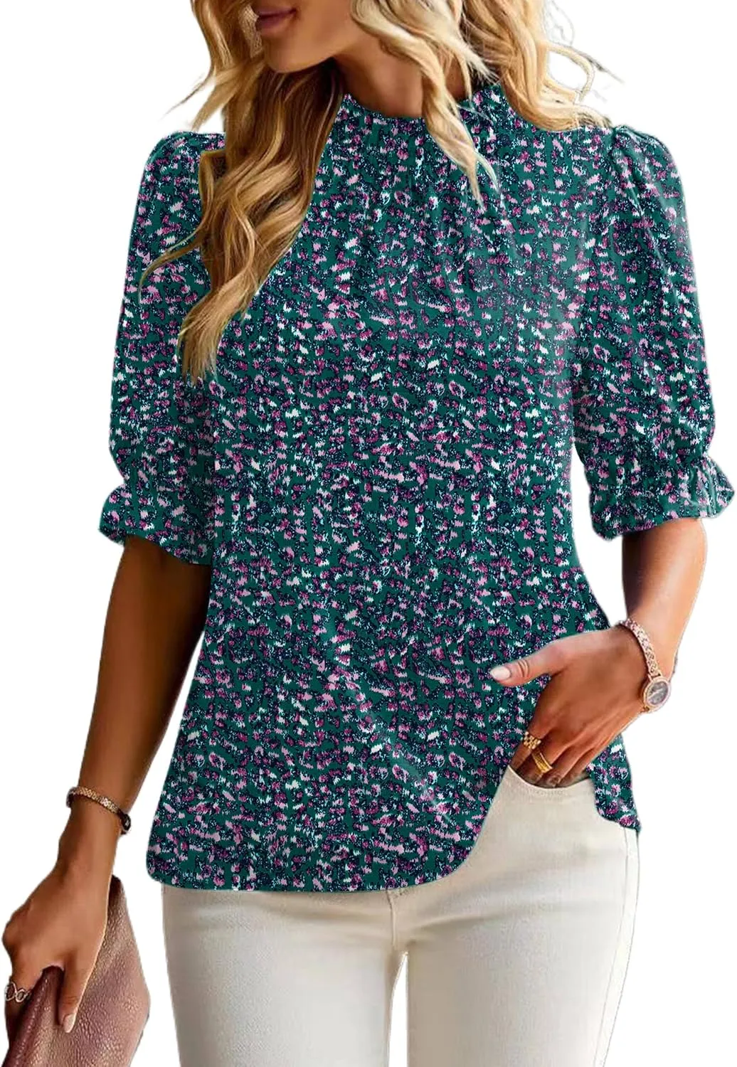 ZILIN Women's Summer Boho Floral Shirt Top Ruffle Mock Neck Puff Short Sleeve 2024 Casual Blouses